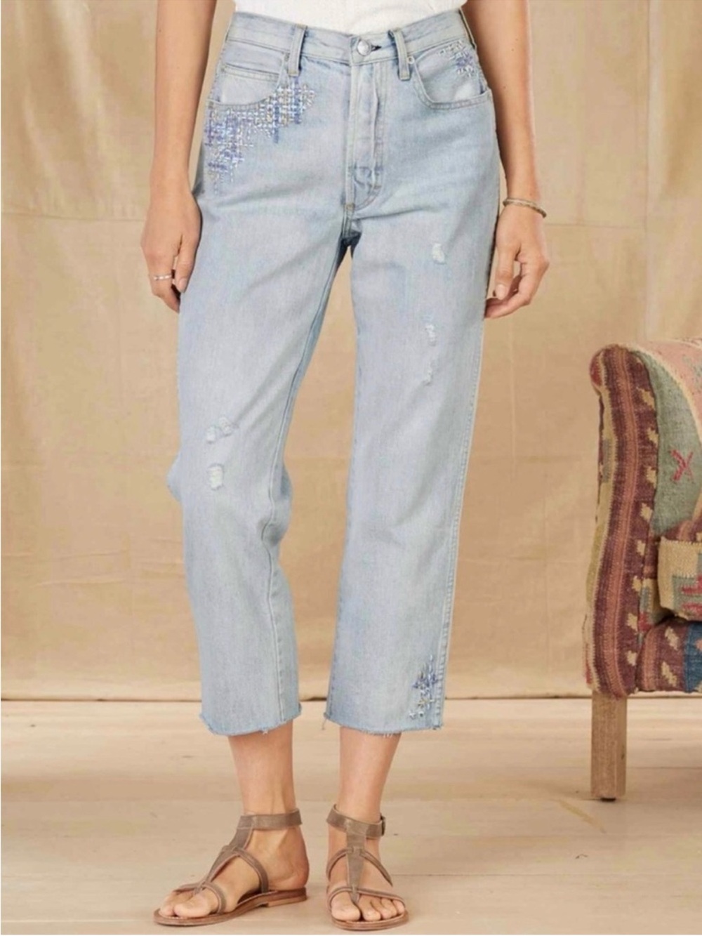 AMO Lover Boy Embroidered Light Wash Cropped Jeans 26